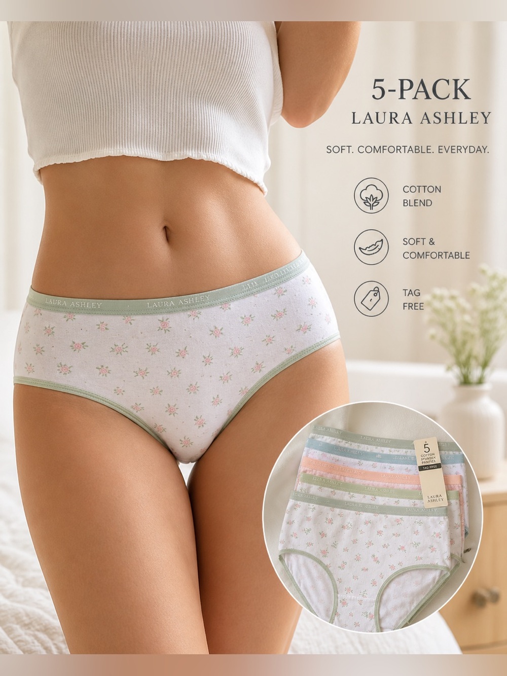 Laura Ashley White Floral Briefs with Sage Trim - Size M